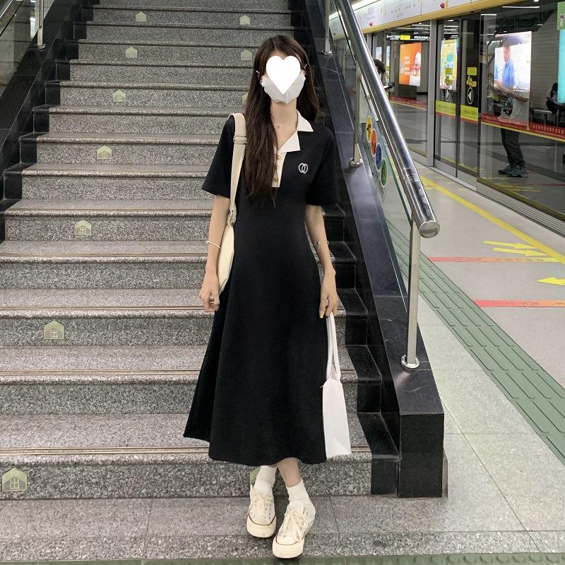 Лето 2025 женское черное платье средней длины с французским воротником-поло - Niche Design