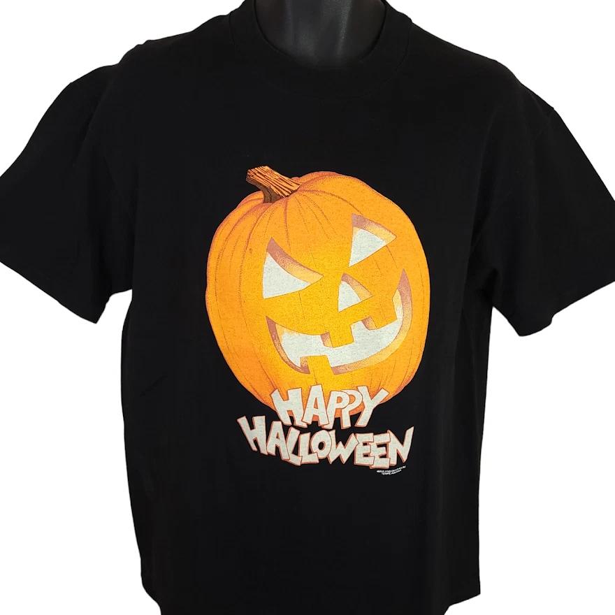 Винтажная футболка Happy Halloween 100% хлопок Мужские футболки Топ Мужской Размер Большой 80-е Светящаяся в темноте Сделано в США