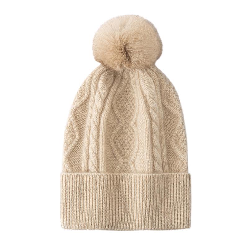 Women's 100% Pure Cashmere Pom-Pom Cable Knit Hat - Stylish, Warm, Versatile, Solid Color