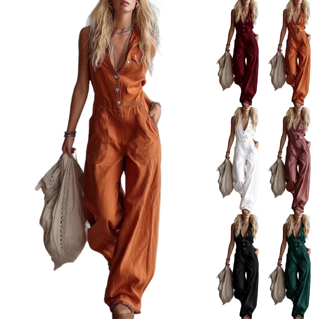 Женский модный комбинезон с V-образным вырезом и завышенной талией, брюки широкого кроя