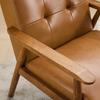Genuine Leather Lounge Chair with Walnut-Colored Armrests & Rubberwood Legs – Comfortable Living Room Chair in Light Brown