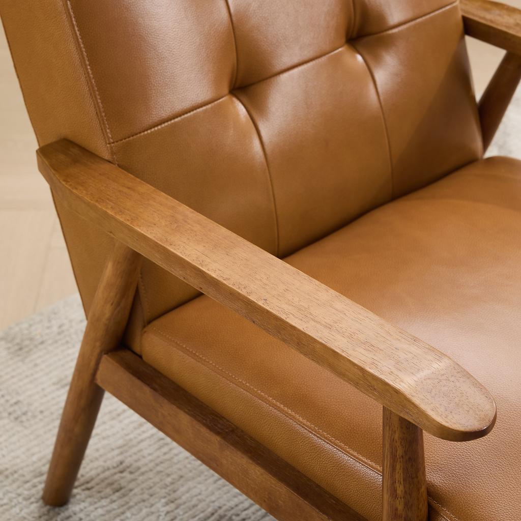 Genuine Leather Lounge Chair with Walnut-Colored Armrests & Rubberwood Legs – Comfortable Living Room Chair in Light Brown