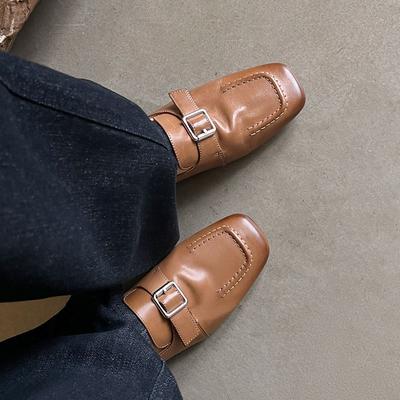 Вымытая коровья кожа 34-40 ярдов 2025 осень квадратный носок средний каблук глубокий вырез одинарные туфли женская обувь квадратная пряжка лоферы