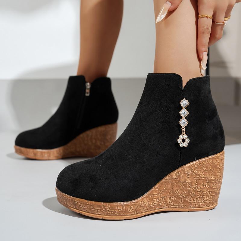 Naked Boots Осень Зима Новая Мода Клиновидный Круглый Носок Молния Стразы Платформа Нескользящие Хлопковые Сапоги
