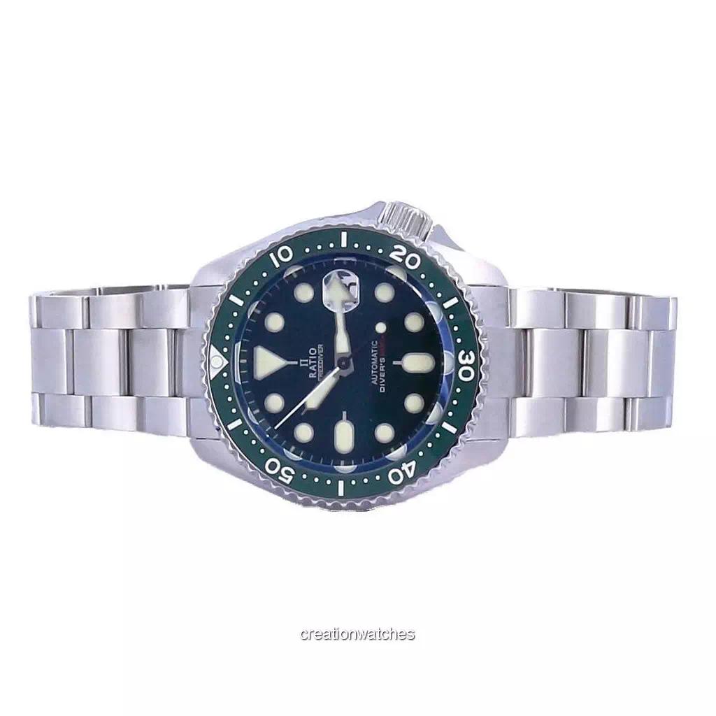 RATIO FreeDiver Green Dial Sapphire Crystal Stainless Steel Automatic RTB205 200M Mens Watch
