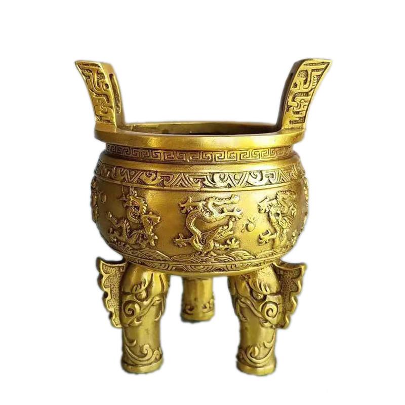 Brass Nine-Claw Qinglong Incense Burner Three-Legged Pattern Dragon Round Tripod Craft Ornament