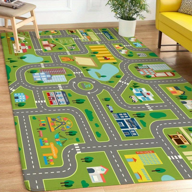 Green City Road Map Non-slip Kids Play Rug Interactive Educational Traffic Floor Mat for Bedroom Playroom Nursery Decor