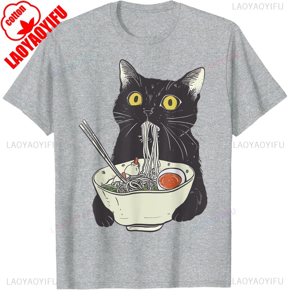 Japanese Cat Funny Cat Eating RaUnisex Vintage Japanese Noodles TShirt Casual Fashion Loose Streetwear Short Sleeve Unisex T Shirt