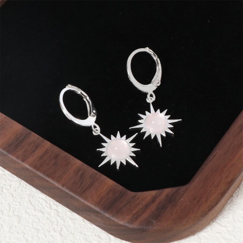 Light Luxury Style Stainless Steel Hoop Earrings Inlaid with Natural Stone Ins Women's Sun Flower Earrings