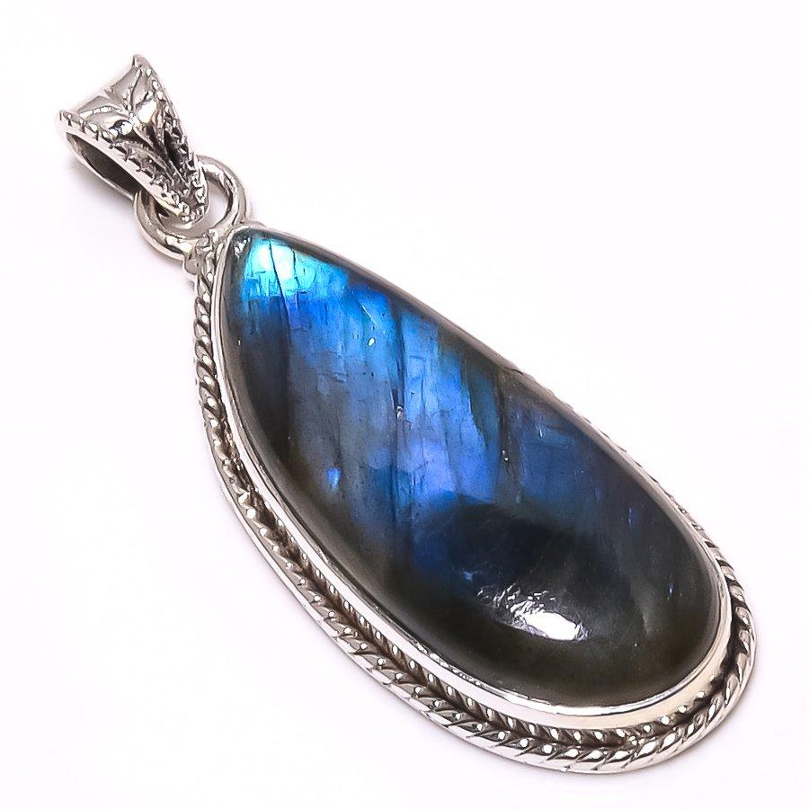 Natural Labradorite Gemstone 925 Solid Sterling Silver Gift Pendant 1.77" R8Q19