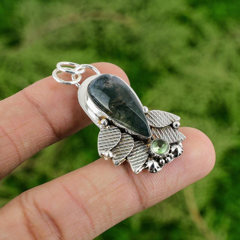 925 Silver Solar Moss Agate Gemstone Peridot Anniversary Bezel Pendant Jewelry