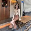Французское темпераментное платье-обманка с длинным рукавом для женщин, осеннее, сексуальное, чистое желание, облегающее, с акцентом на талию, с разрезом на бедре, длинное платье