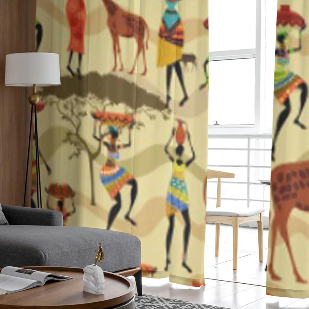 Seamless Texture With African Women Chiffon Sheer Curtains for Living Room Bedroom Decoration Window Voiles Tulle Curtain