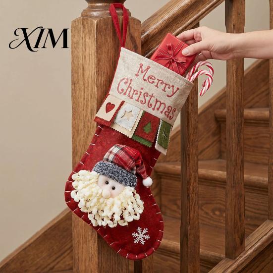 Festive Holiday Gift Holders 18 Inch Large Christmas Stockings, 3D Santa/Snowman/Reindeer Xmas Hanging Socks, Non-woven Decorative Stocking