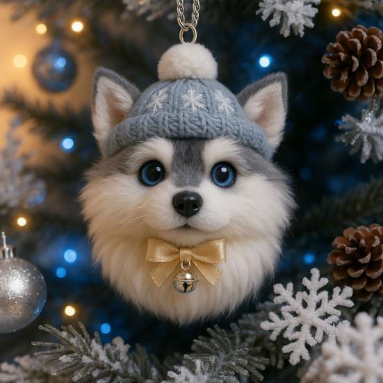 Pom-Pom Pet Ornament 2D Acrylic Cute Dog Christmas Ornament Cartoon Furry Pet Shaped Xmas Tree Hanging Decor for Holiday Party Supplies