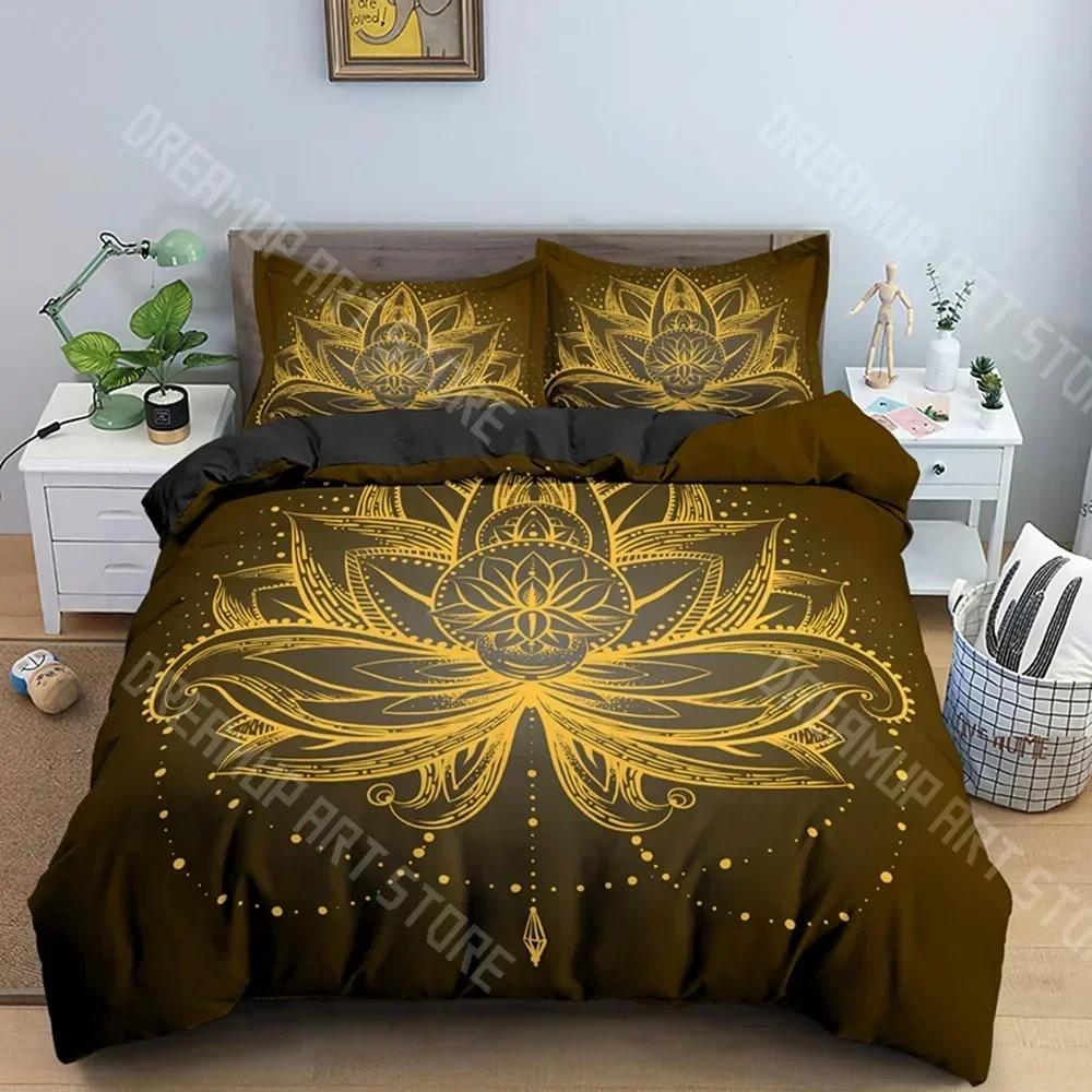 Bohemian Lotus 3pcs Bed Set Duvet Cover Set Mandala Flower Quilt Cover Adult Black Polyester Bedding Set Queen King Twin Te