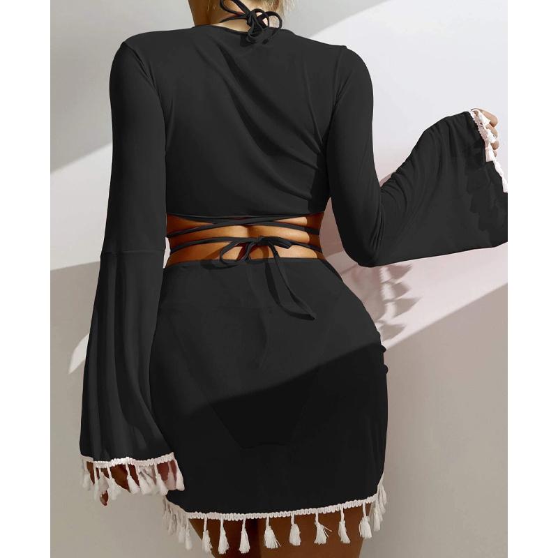 New Women's Split Four Piece Bikini Swimsuit Sexy Solid Lace Up Bikini Elegant Tassel Long Sleeve Fresh Beach Bikini