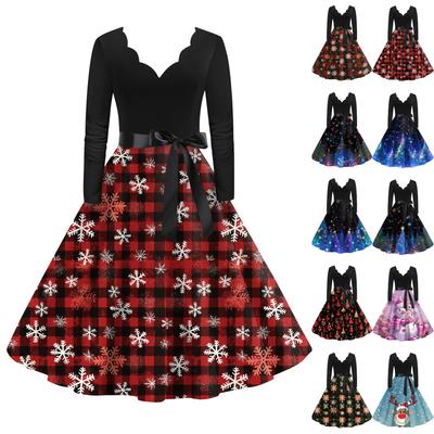 Женское повседневное модное платье с V-образным вырезом и длинными рукавами в стиле ретро с рождественским принтом