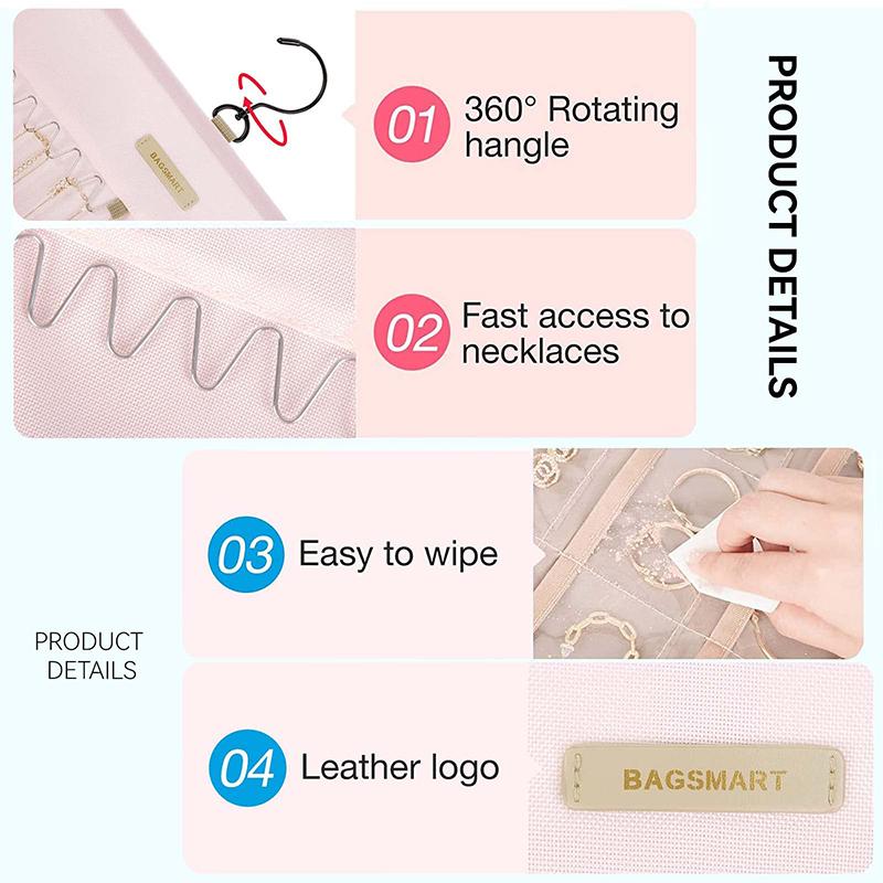 Hanging Jewelry Organizer Travel Jewelry Roll-Up Box For Wardrobe Wall Doors Holds Necklaces Earrings Rings Brooches And More