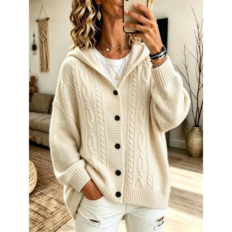 Womens Oversized Knit Cardigan Sweater With Button Front Hooded Loose Fit Winter