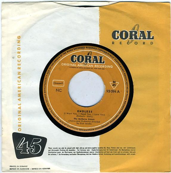 7-дюймовая пластинка MCGUIRE SISTERS Endless Evry Day Of My Life 93094 Коралловая 1956 Германия Рок Б/у