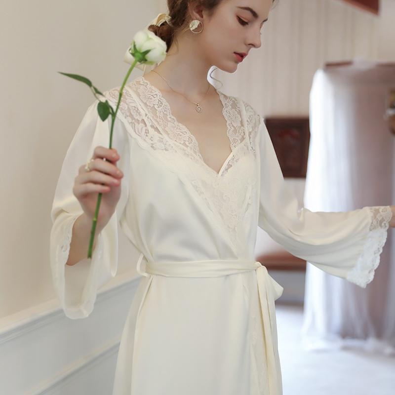 Пижама из ледяной шелковой ленты, женская ночная рубашка на слинге, двухсекционная ночная рубашка во французском дворцовом стиле, домашняя осень, корейский шикарный винтажный элегантный повседневный костюм