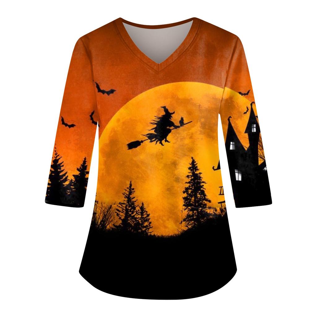 Женский свободный топ с V-образным вырезом, карманом и принтом на Хэллоуин, рукав три четверти, рабочая одежда