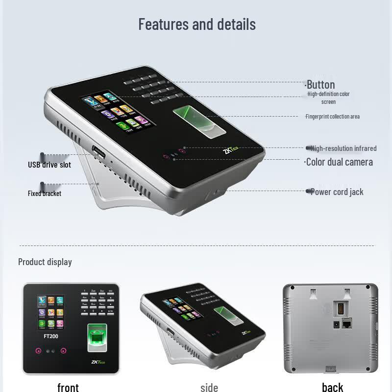ZKTECO FT200 Face and Fingerprint Biometric Time Attendance Machine CN plug (adapter included)