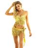 2Pcs Womens Shiny Sequin Tassels Belly Dance Costume Halter Bra Top with Hip Scarf Wrap Skirts Set Ballroom Dancewear