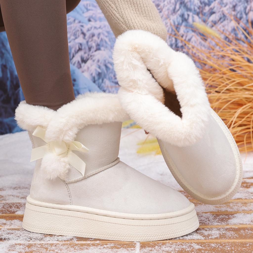 Женские ботинки Теплые с бабочкой Перекрестные Ботинки с круглым носком для женщин Зимние на толстой подошве Плюшевые Повседневные Снежные Хлопковые Ботинки Женские