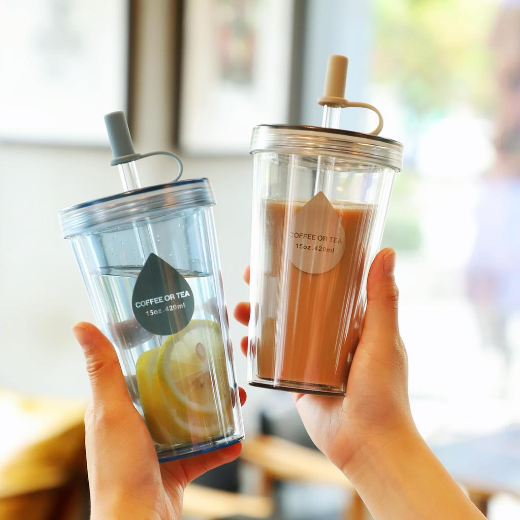 Стакан Fexmoy с водой, Вакуумная изоляция, Большая чашка, Легко пить воду, Старшая школа, Прозрачный, Соломинка, Щетка в комплекте, Соломинка, Бутылка, 520 мл, Пластик,