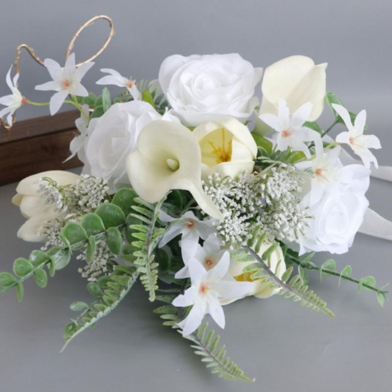 White Bridal Bouquets Wedding Bouquets with Ribbon for Bridal, Bridesmaids, Anniversary, Wedding Party Decorations