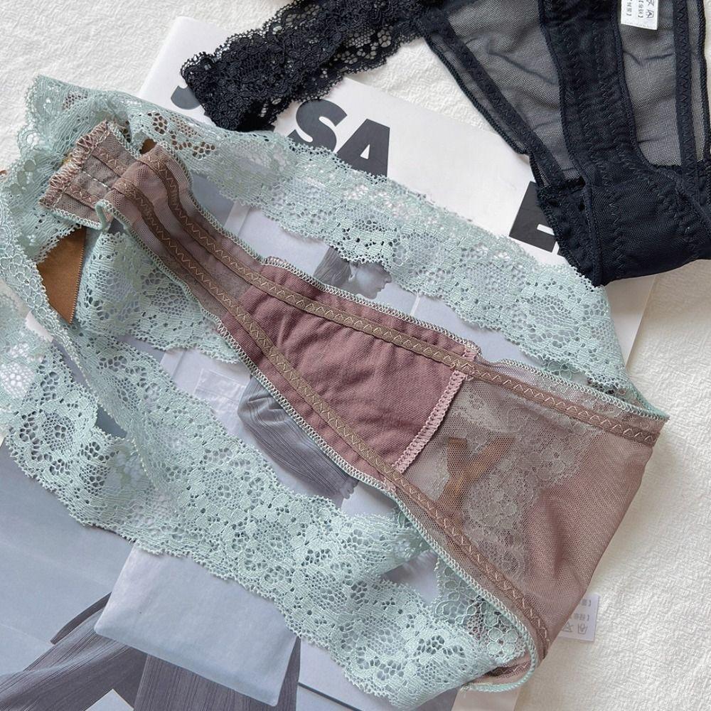 Color Blocking Low Waist Lace Mesh Thongs Bowknot Sweet Lace Strap Panties Cotton Crotch Underpants Underwear for Women Women