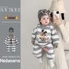 Gray Striped Velvet Baby Jumpsuit with Headphones & Puppy Design, for Boys & Girls, 0-2 Years - Perfect for Autumn & Winter.