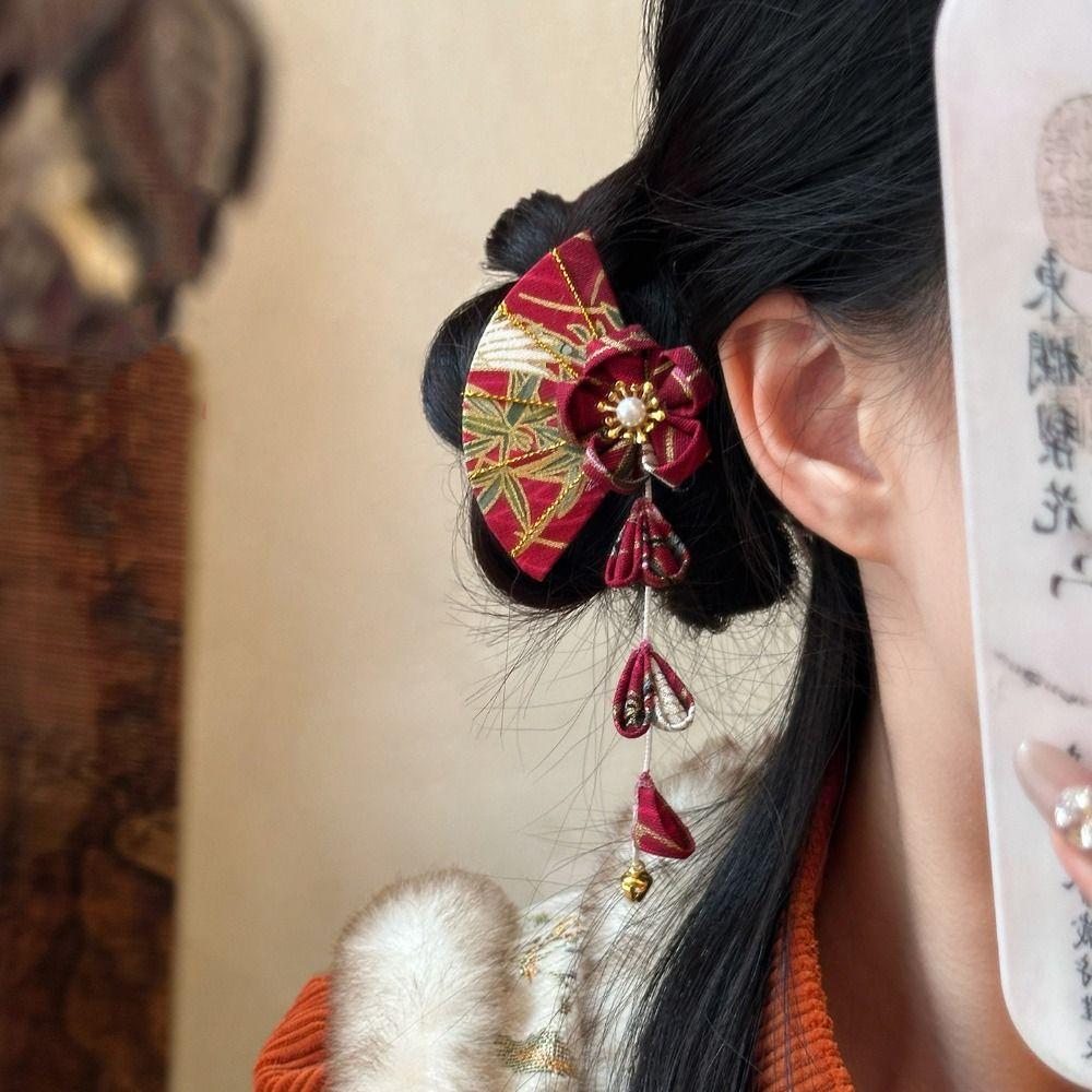 Flower Kimono Sakura Hairpin Sakura Hanfu Fan Hair Clip Sweet Tassel Fan Hair Clip Outdoor