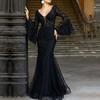 Women Evening Dress V Neck See-through Lace Embroidery Flared Sleeves Ball Gown A-line