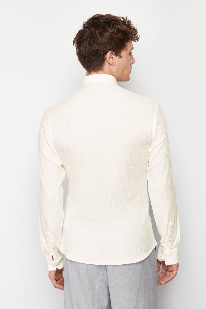 Мужская модная новая рубашка цвета экрю, приталенная текстурированная трикотажная рубашка с длинным рукавом