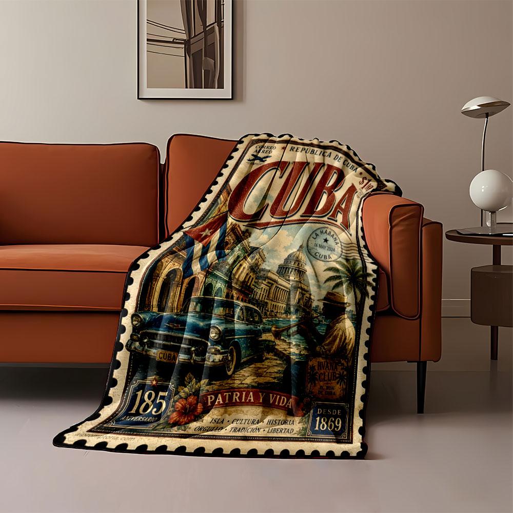 Vintage Cuban-themed stamp featuring classic car, architecture, and culture. for all seasons blanket lunch break throw gift