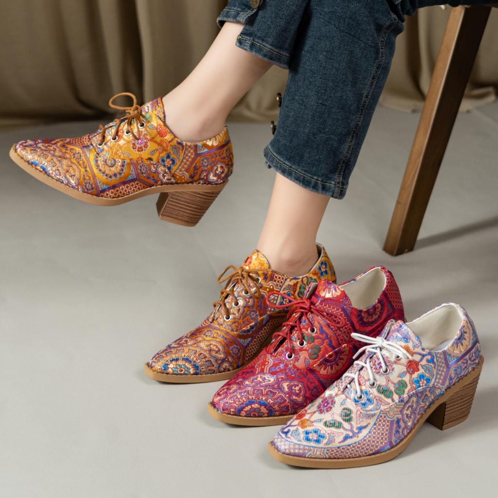 Cross-borderprinted Pointed-toe Lace-up Fashion Single Boots Women's Autumn and Winter European and American Lace-up Thick Heel and Ankle Boots