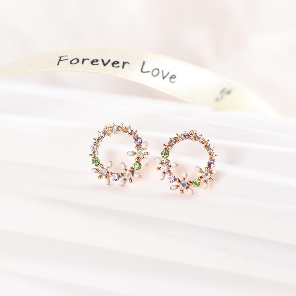 Summer Cute Rhinestone Colorful New Small Wreath Stud Earrings Earring Flower Circle Drop Earrings