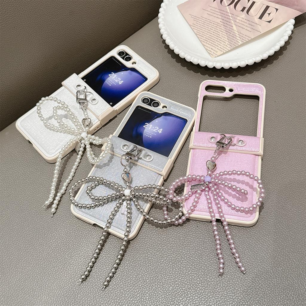 For Samsung Galaxy Z Flip7 FE 5G/Z Flip6 5G Case Hinge Protection Leather+PC Phone Cover with Bow Beaded Strap