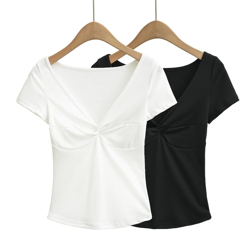 V-neck pleated short-sleeved T-shirt women's summer new American Spice Girl solid color retro casual slim-fit bottoming top