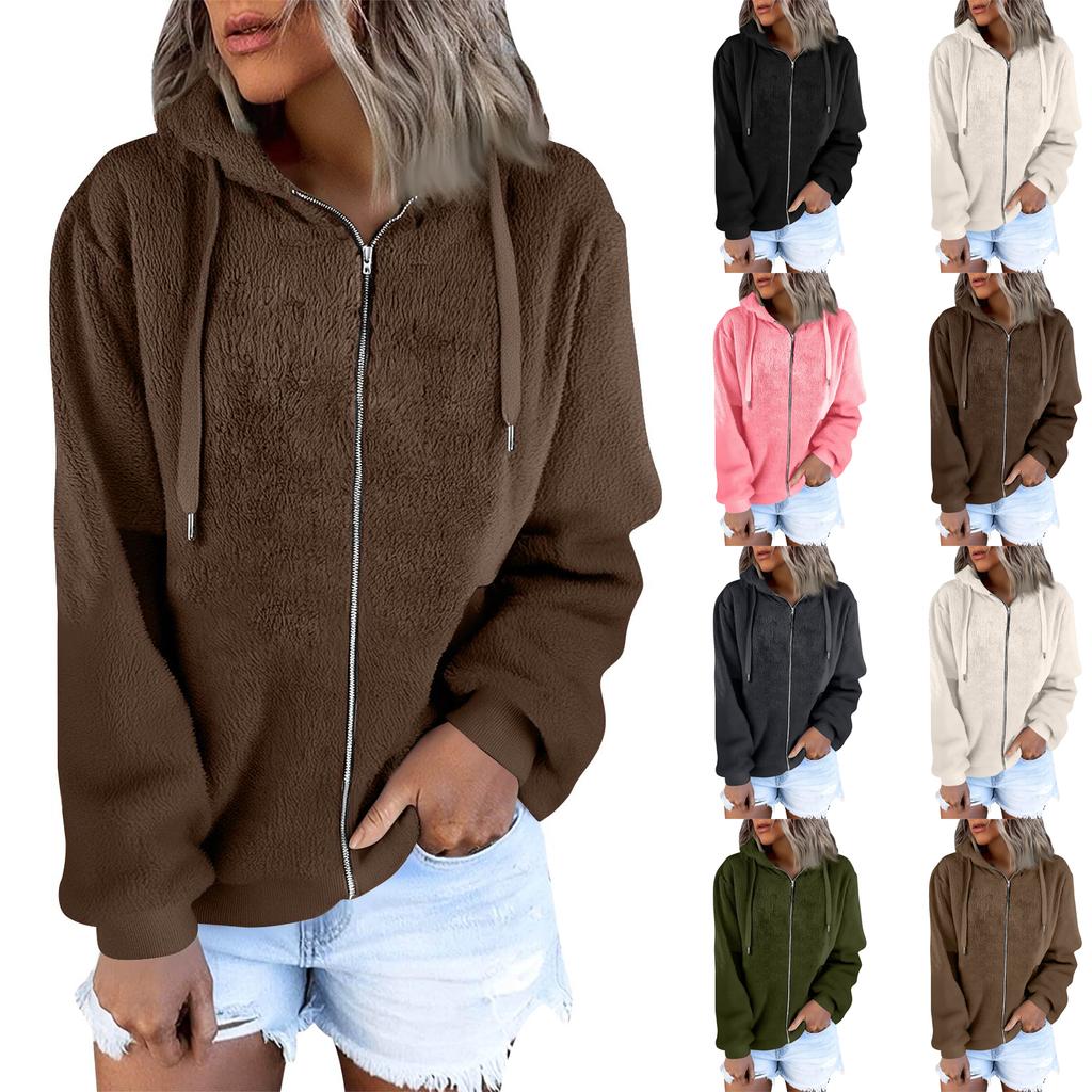 Women's Fashionable Warm Fleece Solid Color Hoodie Zipper Pocket Casual Jacket
