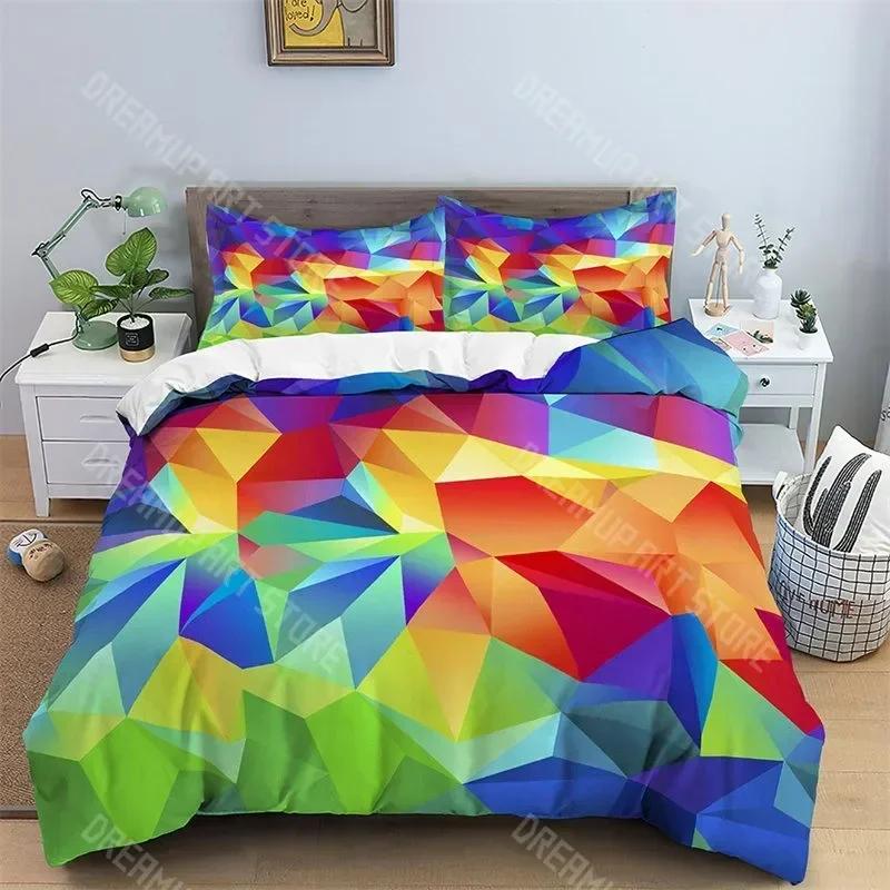 Abstract Geometric Duvet Cover Microfiber Queen Bedding Set For Boys Girls Room Rainbow Plaid Print Quilt Cover With Pillow