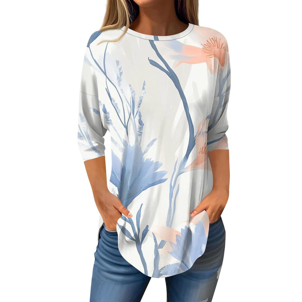 Рубашки с рукавом 3/4 для женщин, милые топы, футболки с рисунком, блузки, повседневные базовые топы больших размеров, пуловеры