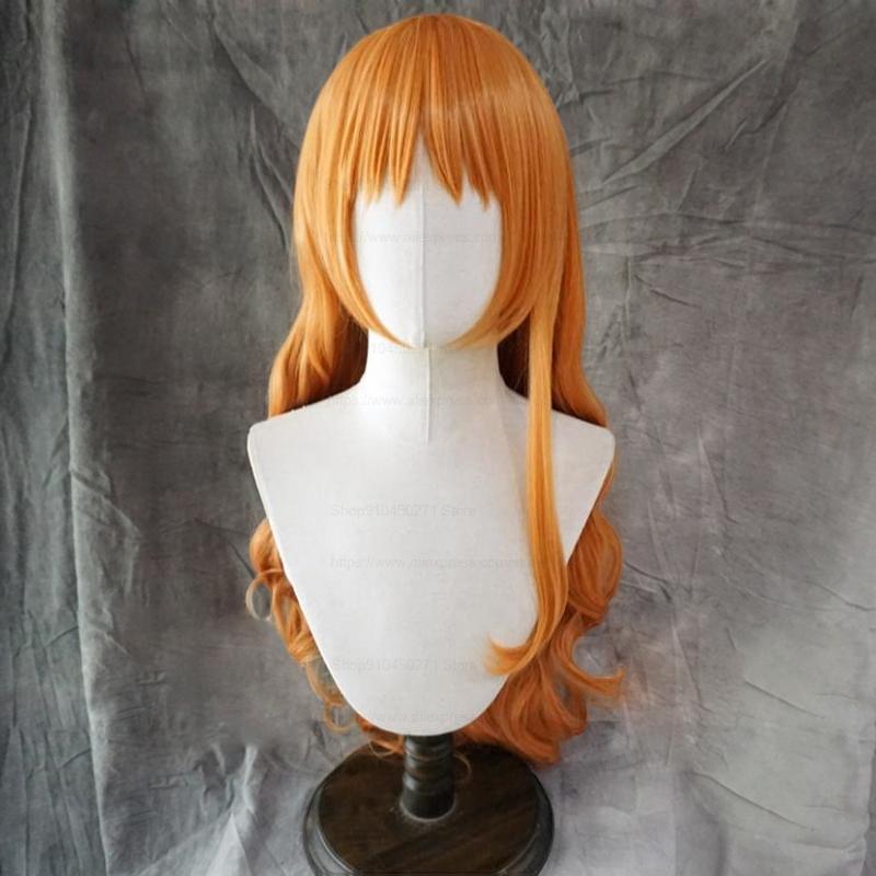 Professional Adult Nami Cosplay Wig 75cm Long Curly Wave Orange Heat Resistant Synthetic Hair Anime EVA Women Girl Wigs + Wig Cap