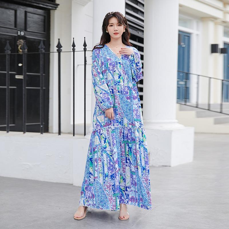 Плюс Размер Женское Осеннее Праздничное Шифоновое Платье С Длинными Рукавами V-образный Вырез Длинное Свободное Платье