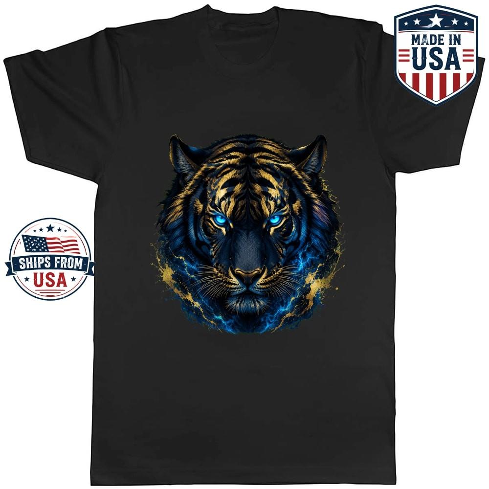 Glowing Eyed Tiger Portrait Graphic T-Shirt Fierce Big Cat Art