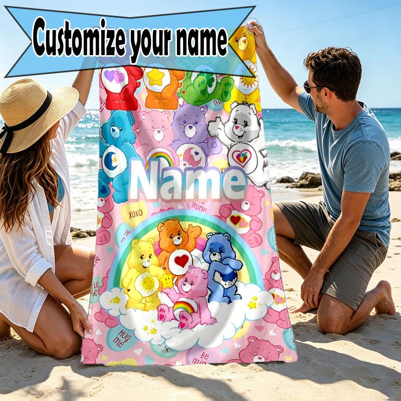Custom Name Personalized Care Bears Print Beach Towel, for Trip Camping Beach Party Home Decor, Birthday Gift for Family & Friends