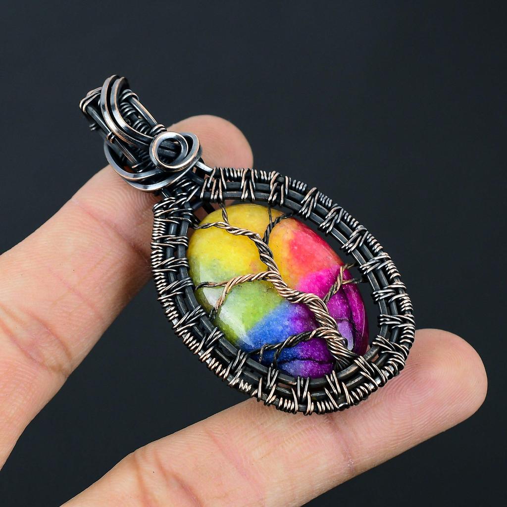 Древо жизни Радуга Солнечный кварц Драгоценный камень Чистая медная проволока Обертка ручной работы Роскошный ювелирный кулон